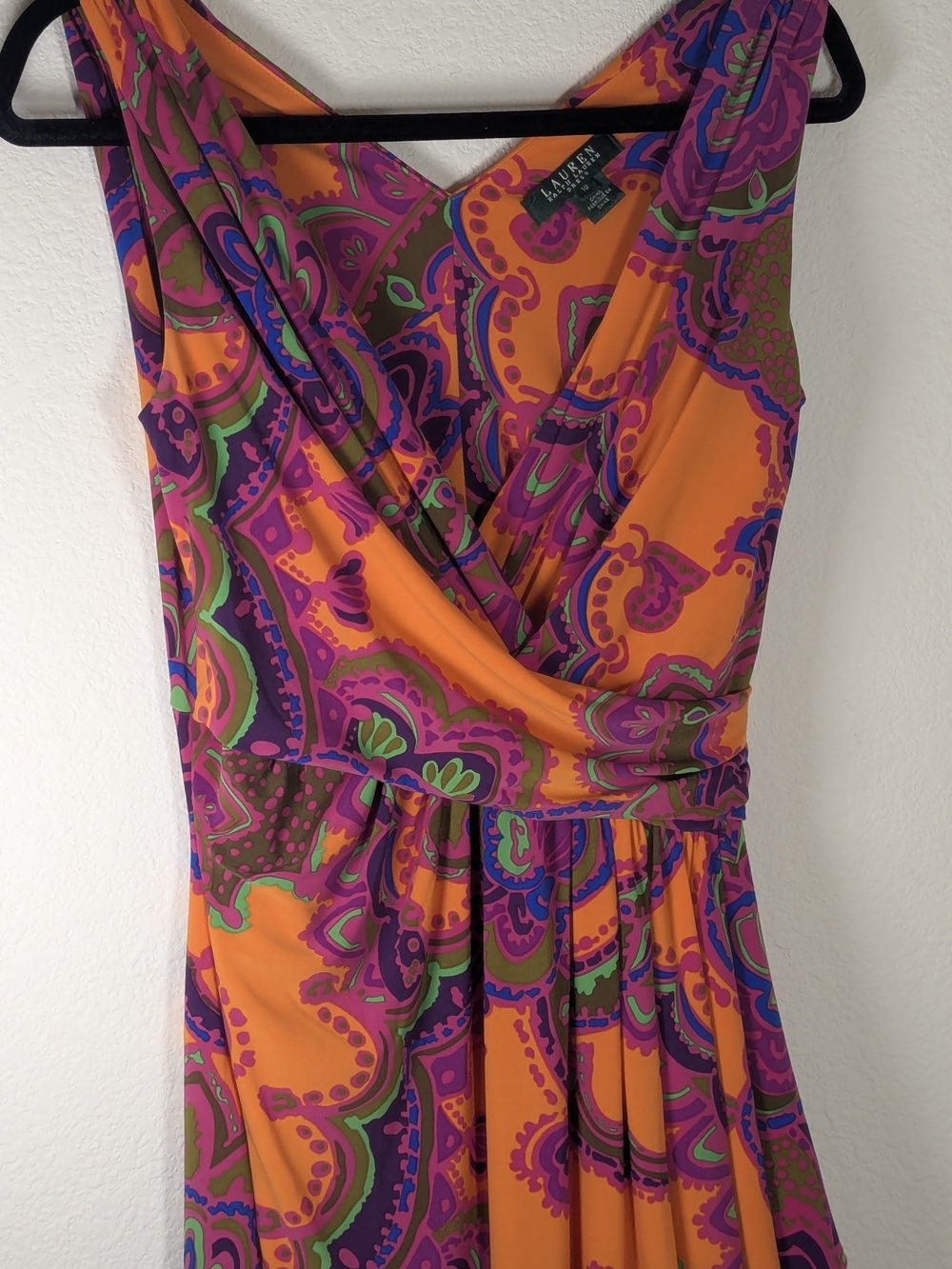Lauren Ralph Lauren Paisley Faux Wrap Dress Orange Pink Sleeveless Midi